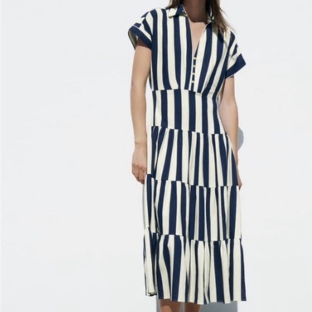 Zara Navy and Cream Striped Midi Dress